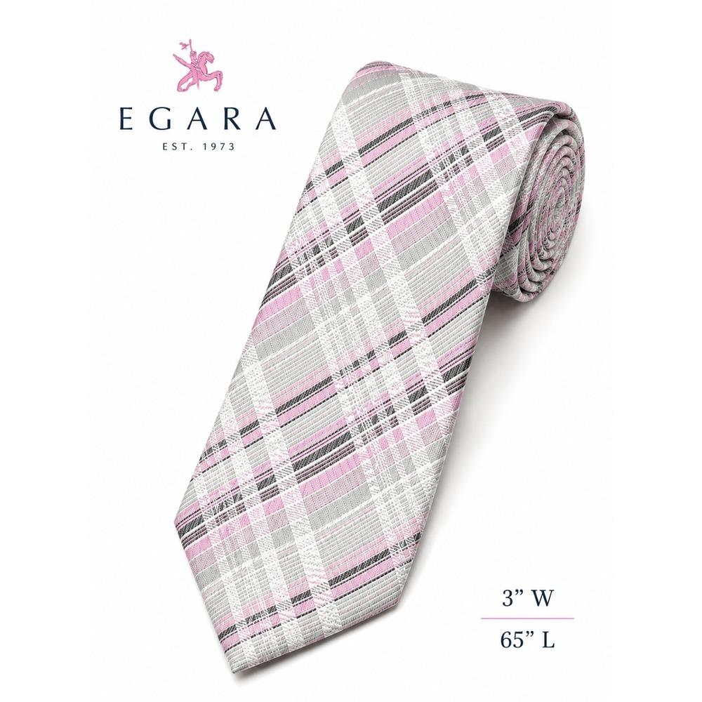 NWT EGARA Plaid Silk Tie Pink Gray White Stripes  XL Long 3"W 65"L